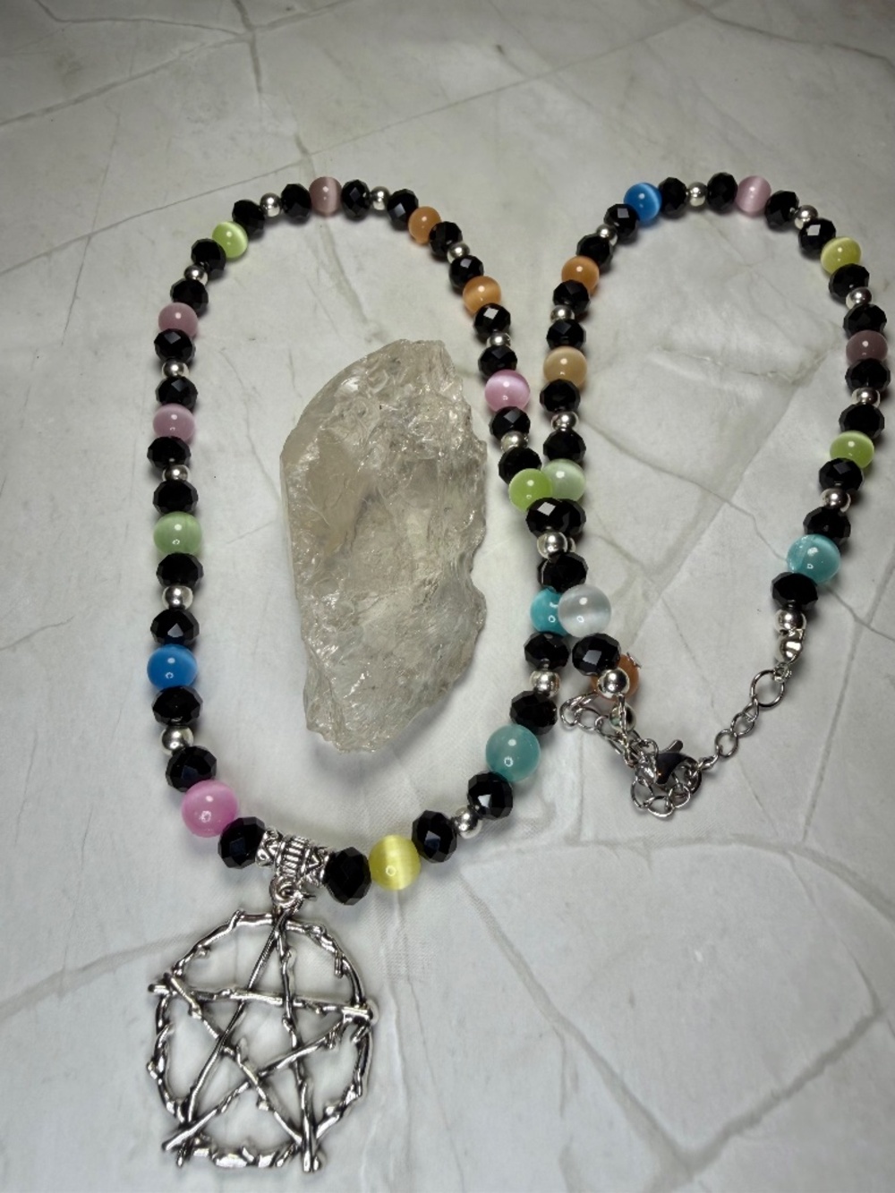 Black Obsidian & Multi Color Selenite Pentacle Necklace